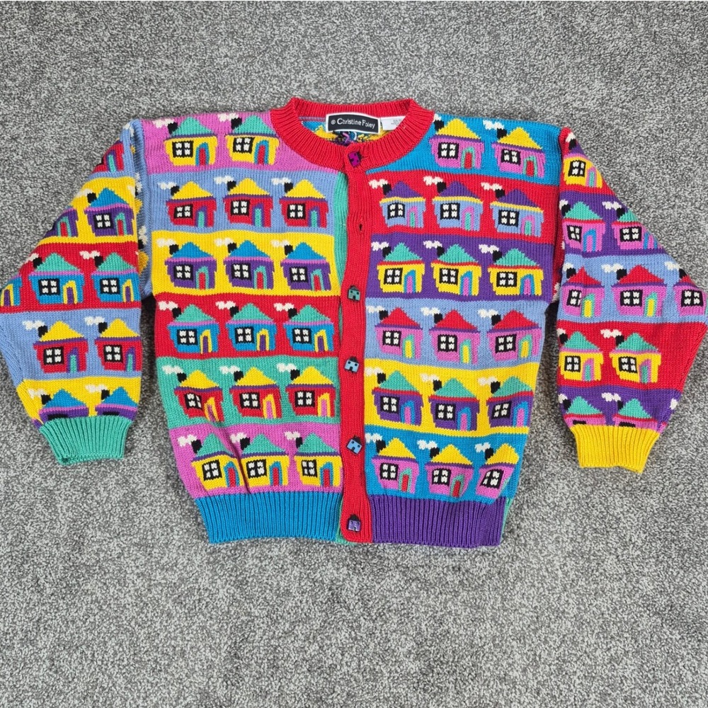 Vintage Christine Foley Cardigan Sweater Girls 10-12 Multicolor House Pattern